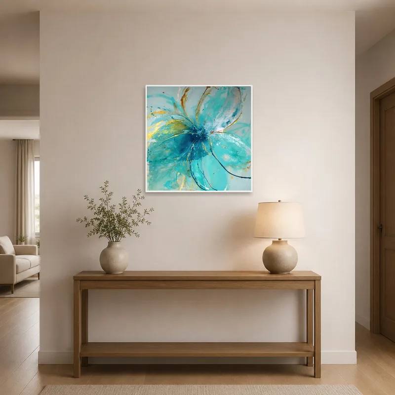 Art print showcasing turquoise florals in an entrance hall.