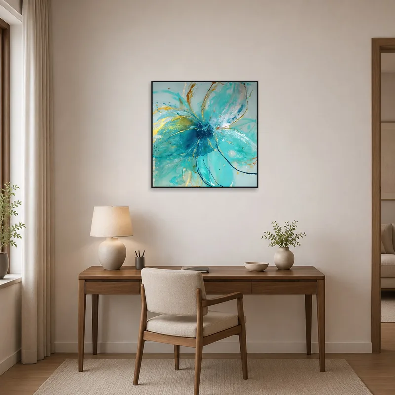 Vibrant turquoise blossom art print on a home office wall.