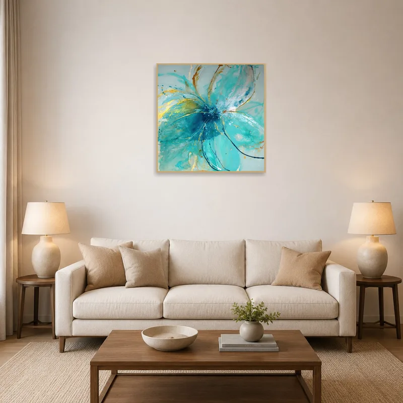 Vibrant abstract turquoise blossom art print on a living room wall.