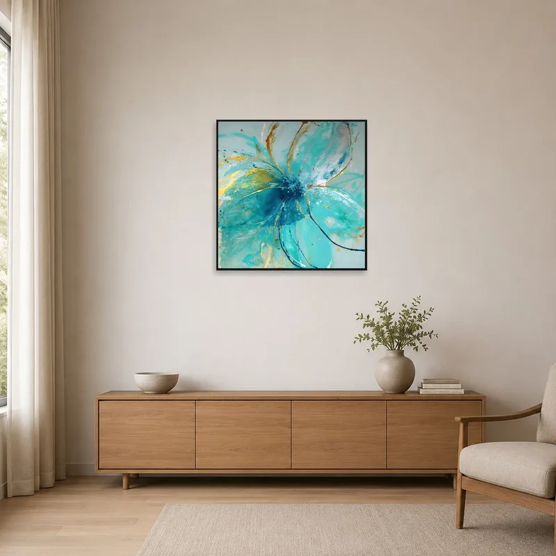Turquoise blossom art print adds color to a minimalist room.
