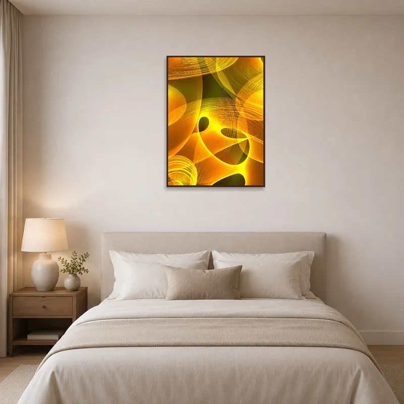 Radiant abstract waves art elevating the ambiance of a serene and restful bedroom.