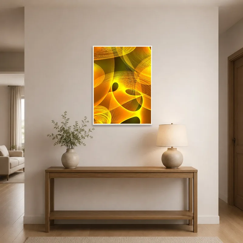 Abstract wave piece adding colorful flair to an otherwise understated entrance hall.
