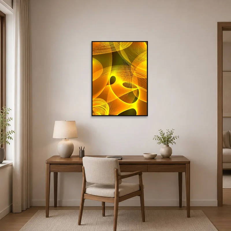 Lively abstract waves artwork brightening a focused home office workspace.