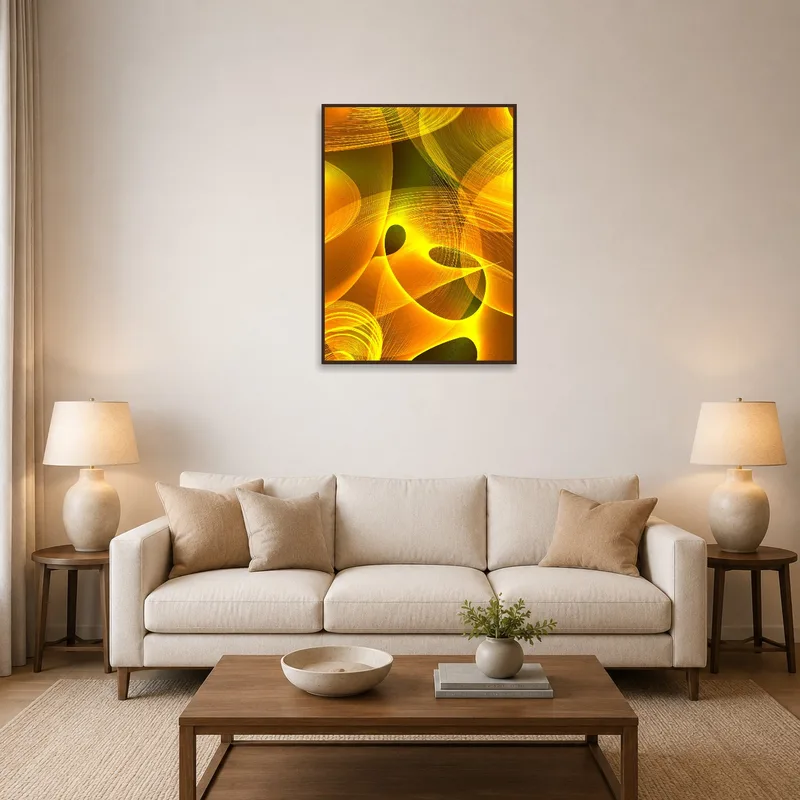 Vibrant abstract waves artwork displayed above a modern sofa in a stylish living room.