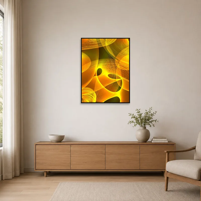 Bold abstract waves artwork accentuating a minimalist room with clean, simple lines.