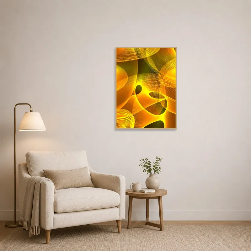 Colorful abstract waves art hung in a cozy reading corner with a comfortable chair.