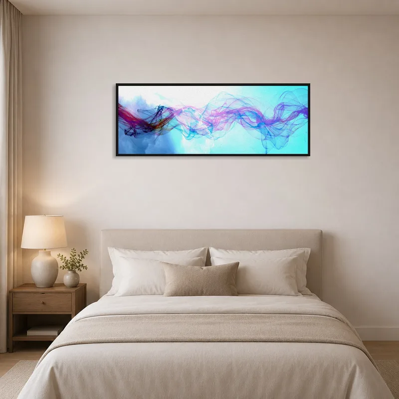 Panoramic wave print bringing life to a serene bedroom wall.