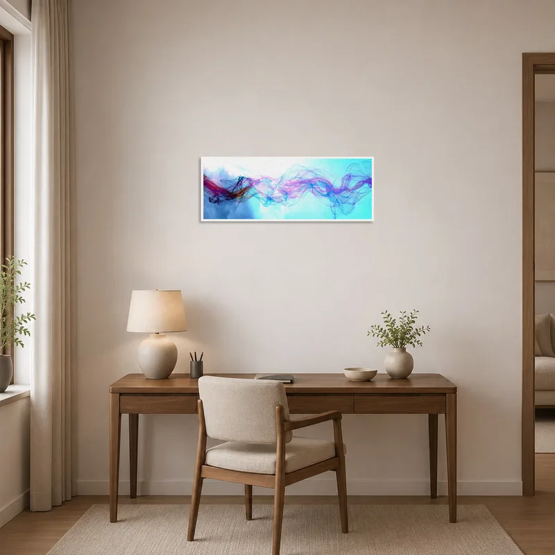 Abstract wave art energizing a home office workspace with vibrant hues.