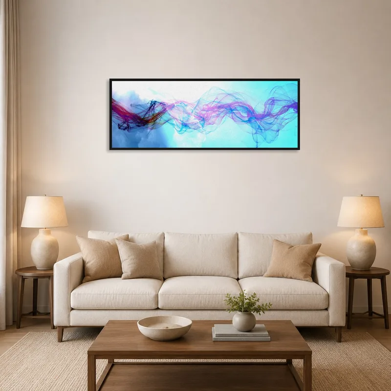 Panoramic print of vibrant abstract waves above a modern living room sofa.
