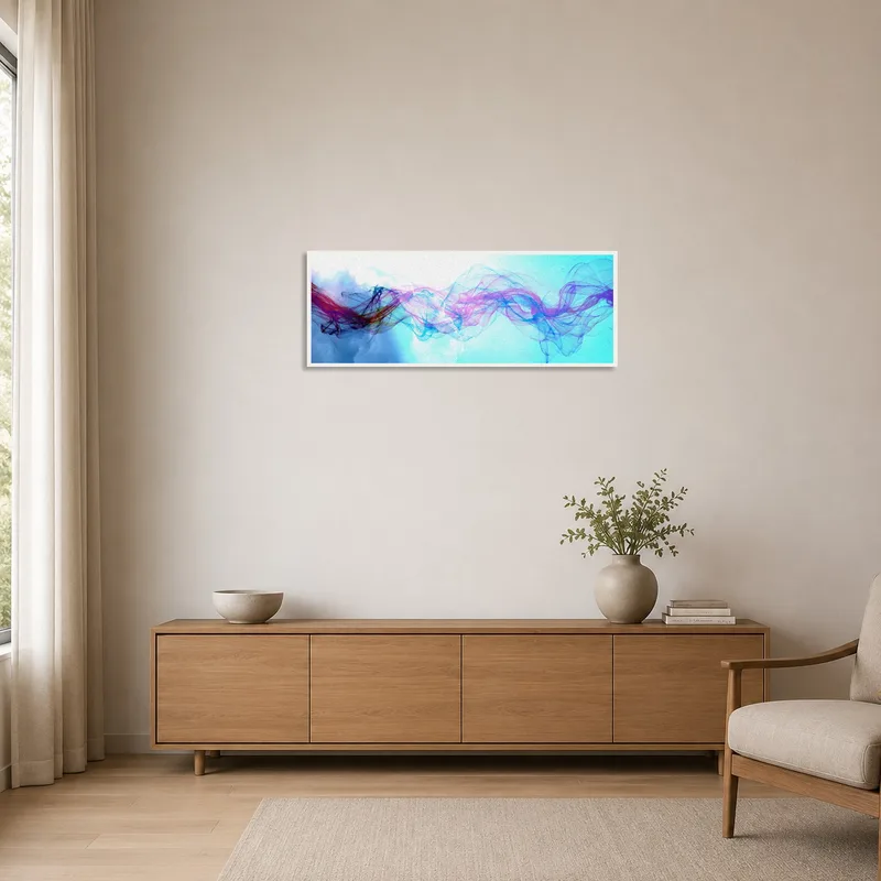 Vibrant abstract wave art adding color to a minimalist room with clean lines.