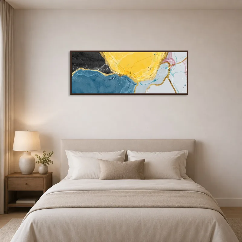 Colorful abstract with gold accents bringing warmth to a serene bedroom setting.