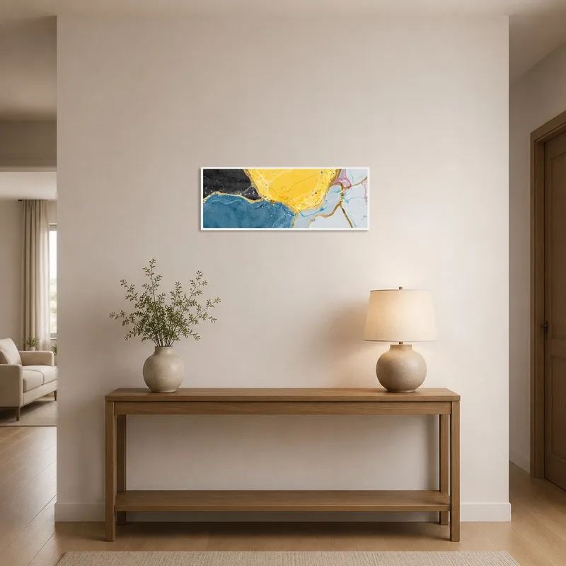 Eye-catching abstract with gold accents brightens up an elegant entrance hall.