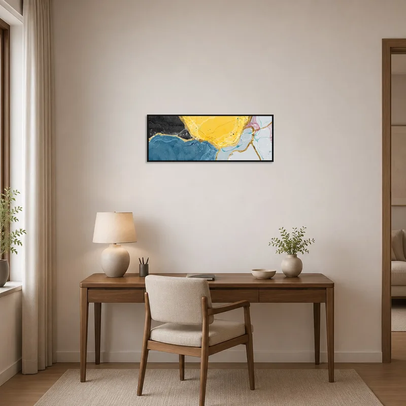 Bold abstract art with gold accents inspiring creativity in a contemporary home office.