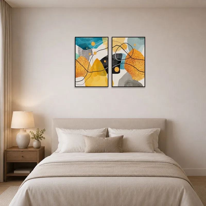 Calming abstract tones of yellow and blue adorn a bedroom wall.