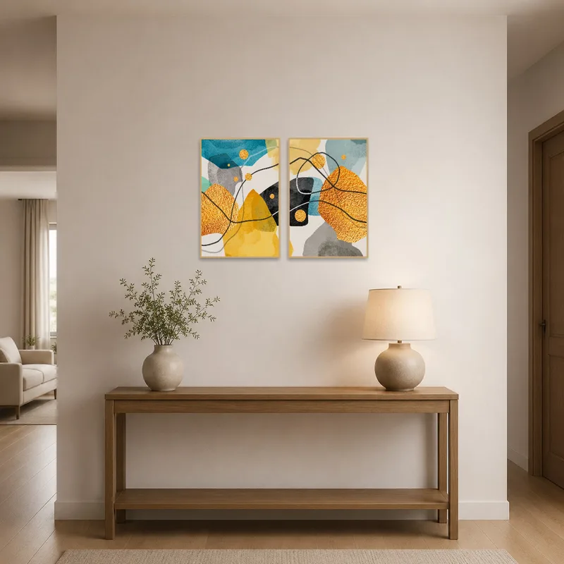 Abstract yellow and blue art set welcomes guests in an entrance hall.