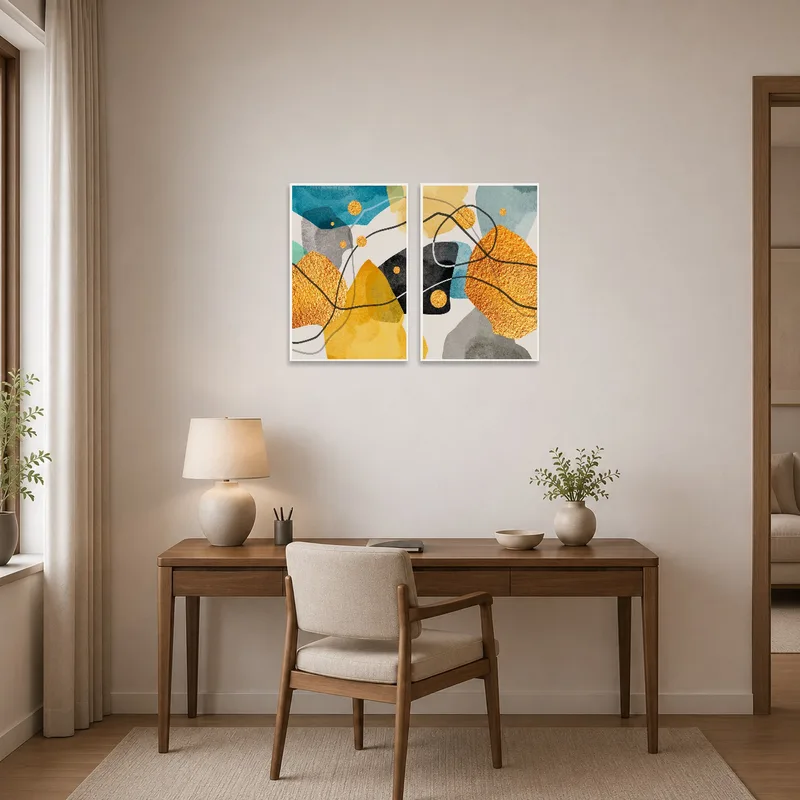 Energetic yellow and blue abstract art inspires creativity in a home office.