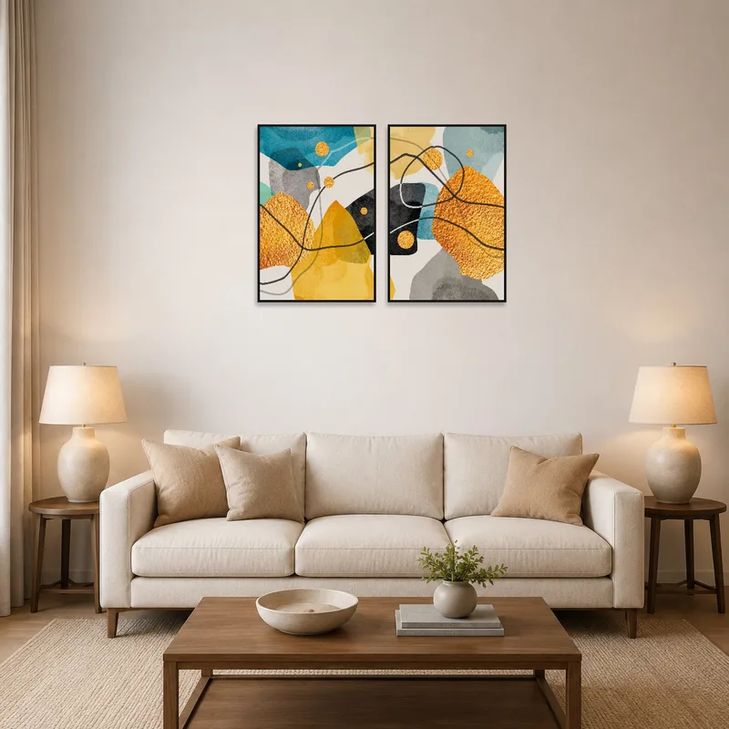 Vibrant abstract yellow and blue art set brightens a living room wall.