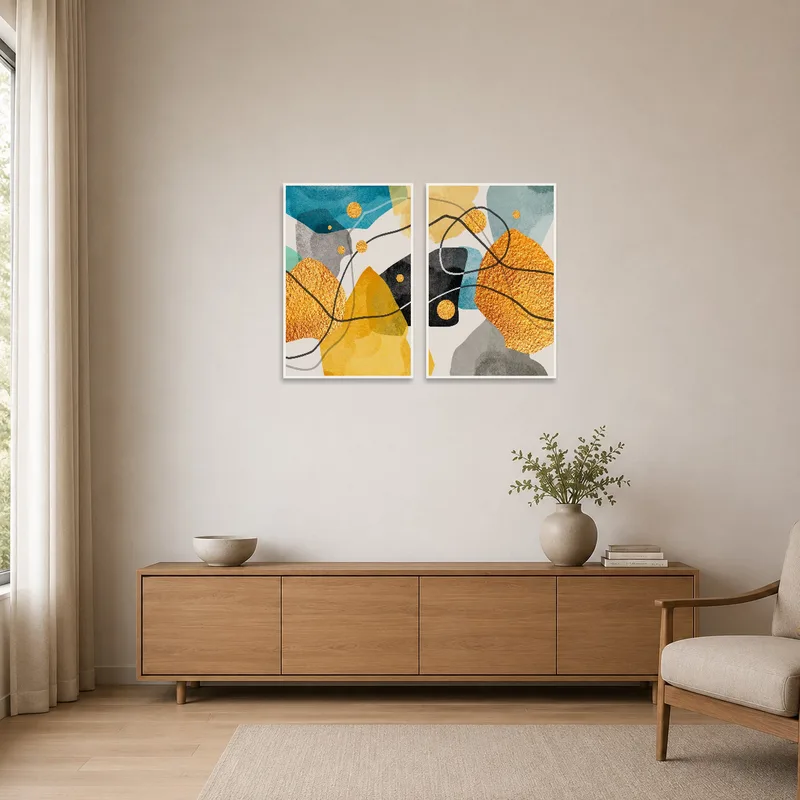 Bold yellow and blue abstract art adds a pop of color to a minimalist space.