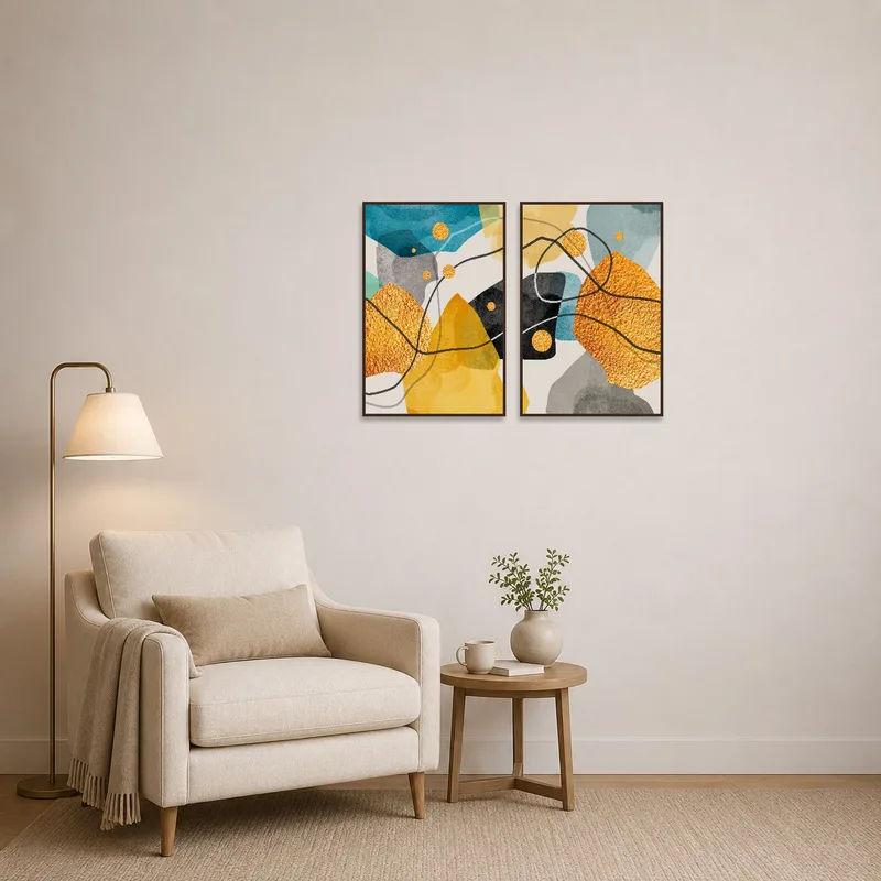 A splash of yellow and blue abstract art enlivens a cozy reading corner.