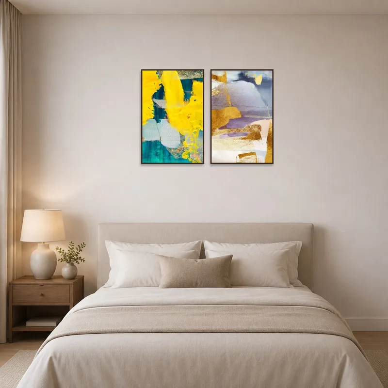 Brighten a bedroom wall with a dynamic yellow and blue diptych set.