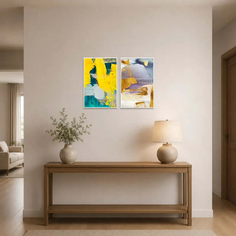 Entry hall adorned with a striking yellow and blue diptych set.