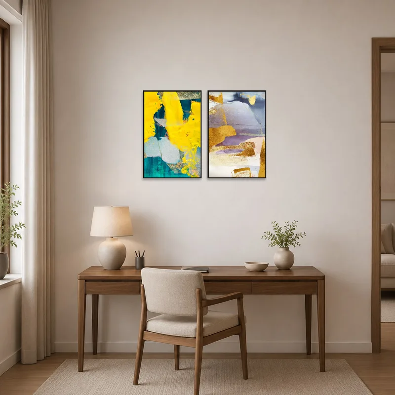 Home office energized by a yellow and blue diptych enhances modern decor.