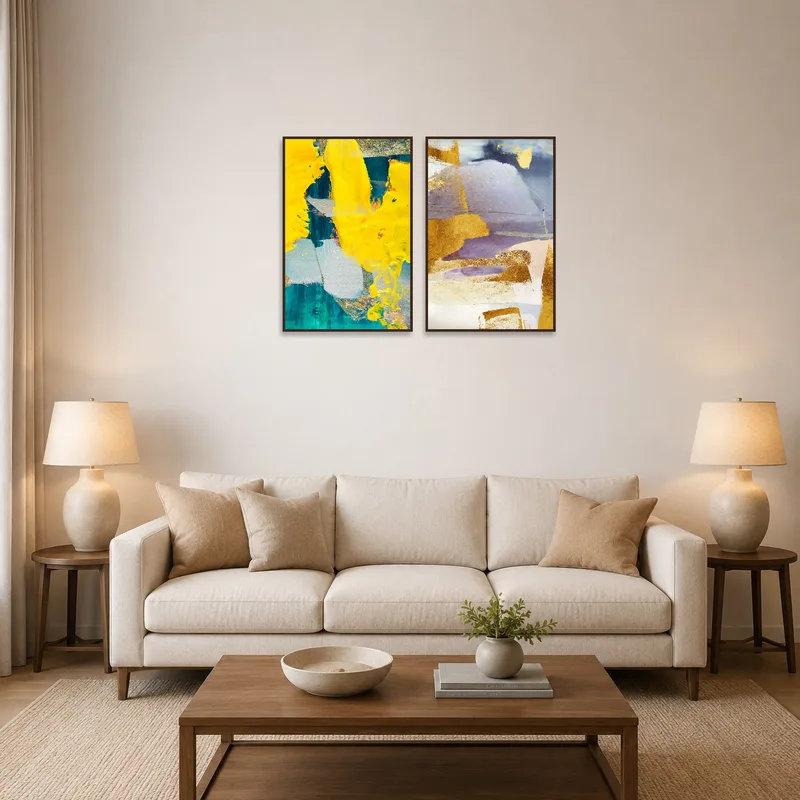 A vibrant yellow and blue diptych set brightens a modern living room wall.