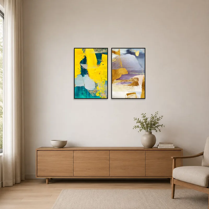 A minimalist room features a bold yellow and blue diptych set on a stark wall.