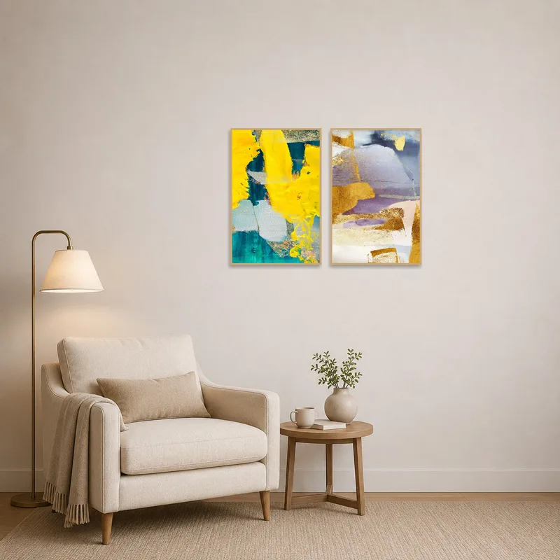 A cozy reading corner highlighted by a vibrant yellow and blue diptych.