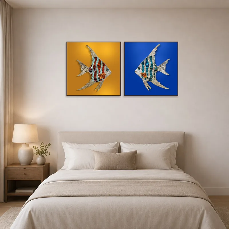 Vibrant Angelfish Duo artwork enhancing the ambiance of a tranquil bedroom.