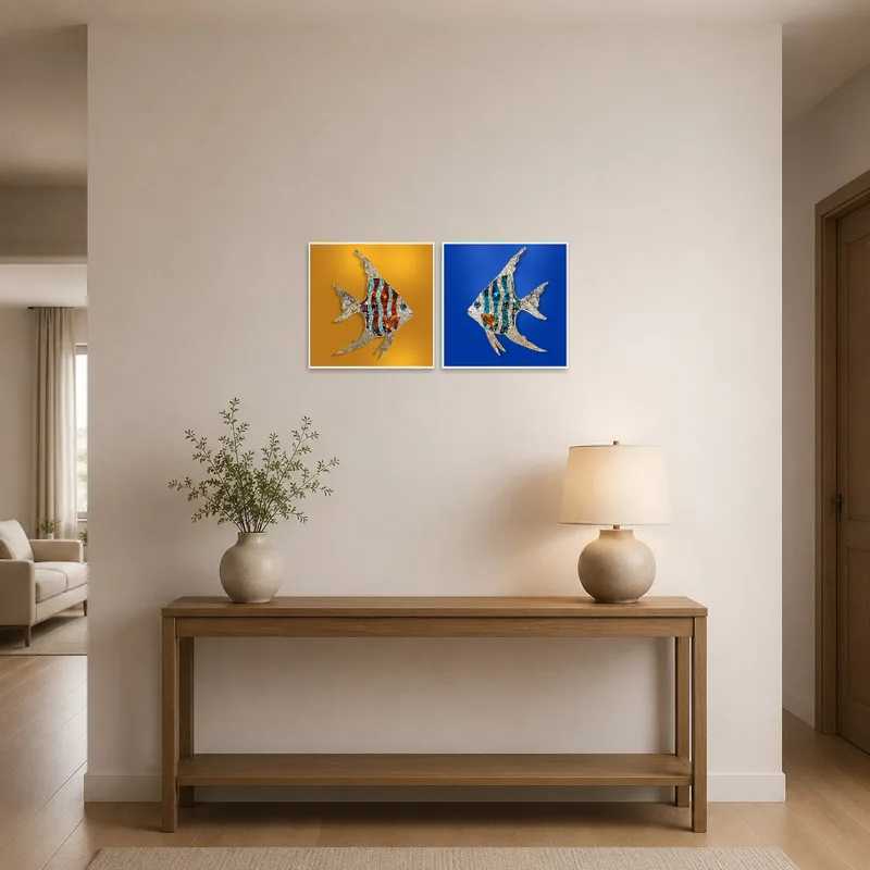Striking angelfish painting decorating an entrance hall with contemporary style.