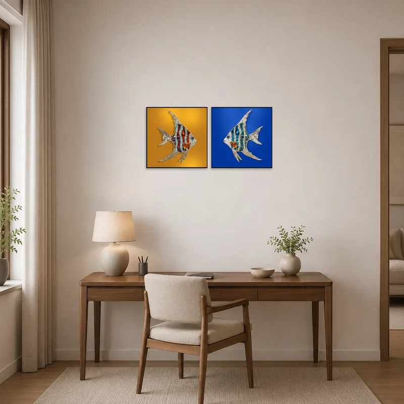 Energetic angelfish art invigorating the walls of a modern home office.