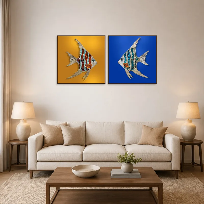 Vibrant Angelfish Duo artwork displayed above the sofa in a living room setting.