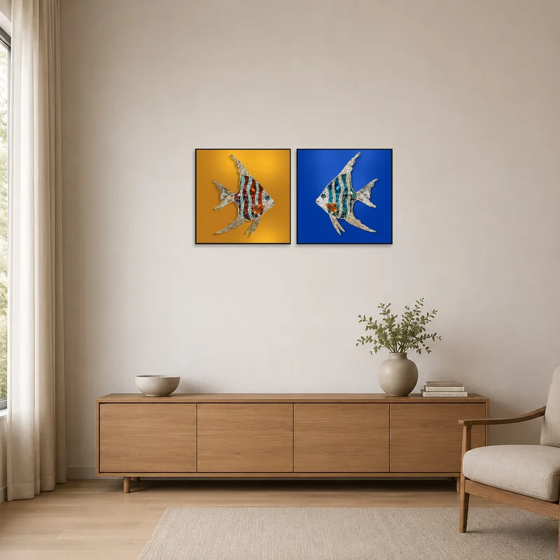 Colorful angelfish artwork adding contrast to a minimalist room with sparse furnishings.