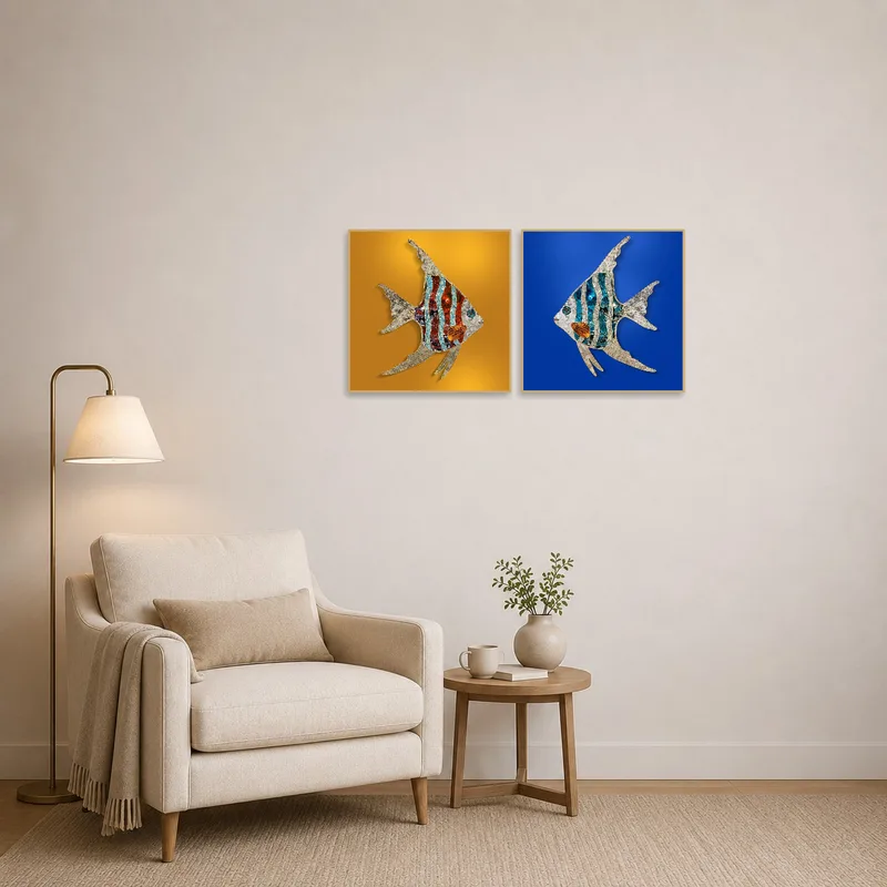 Lively angelfish art providing a splash of color in a cozy reading corner.