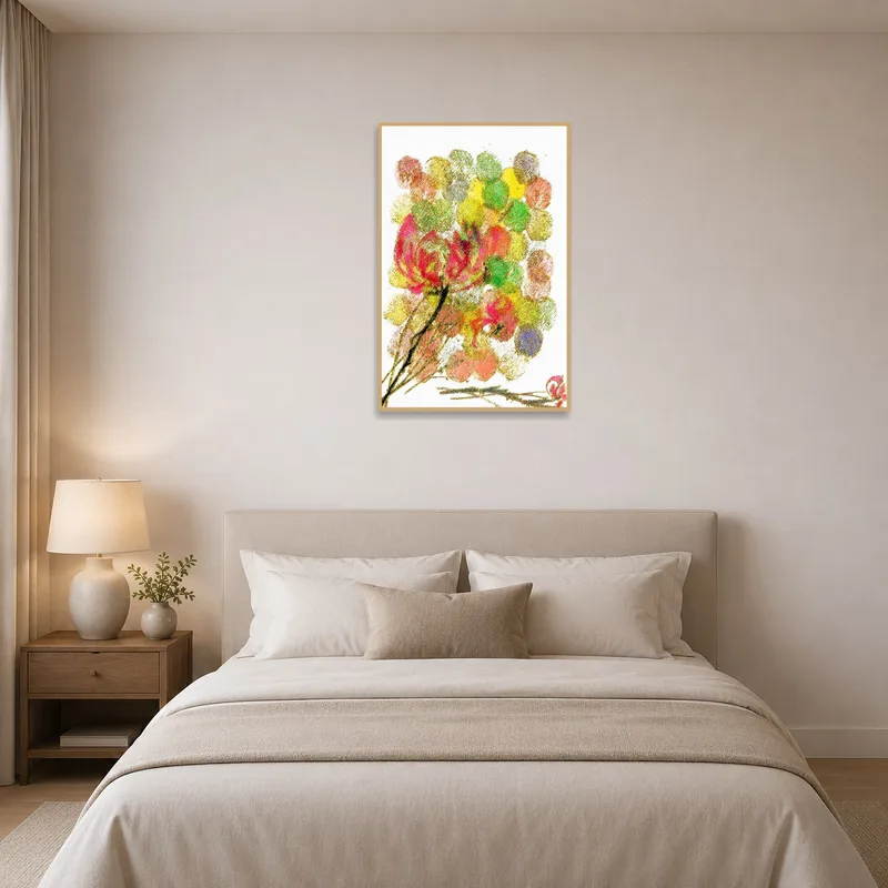 Abstract botanical print adding color to the serene bedroom decor.