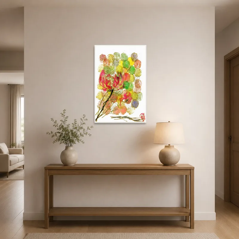 Floral abstract print enhancing the entrance hall with vibrant colors.