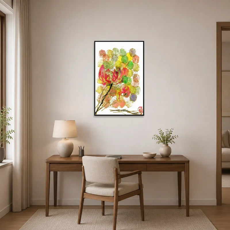 Colorful floral artwork brightening the walls of a modern home office.