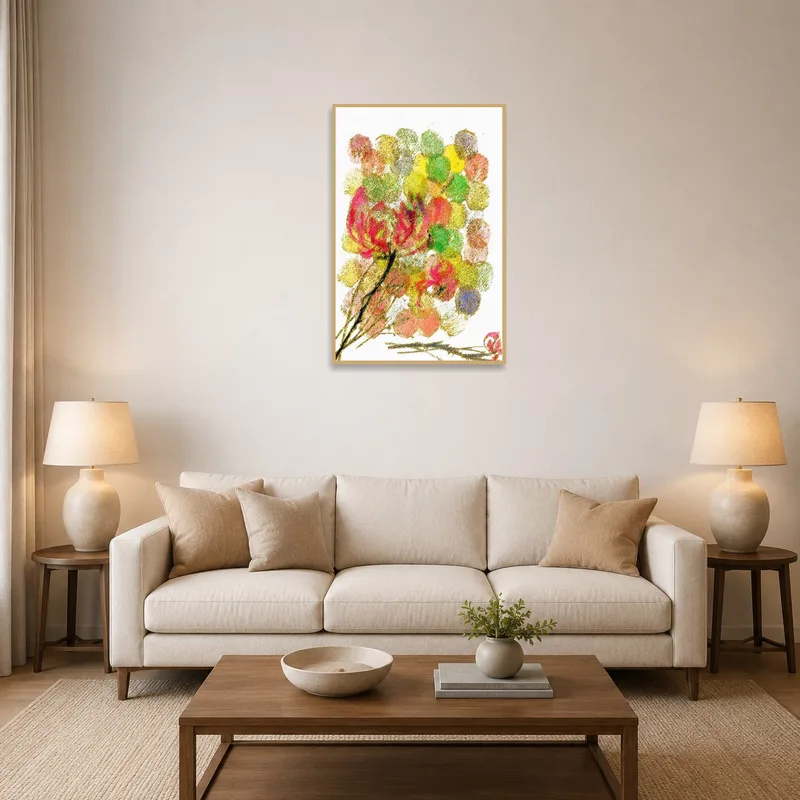 Artwork of colorful abstract flowers on a wall above a cozy sofa in a living room.