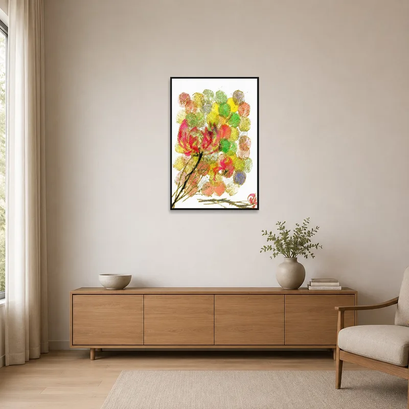 Bold botanical print on a crisp white wall in a minimalist space.