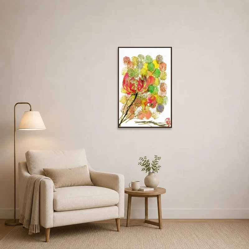 Vibrant floral artwork next to an armchair in a cozy reading corner.