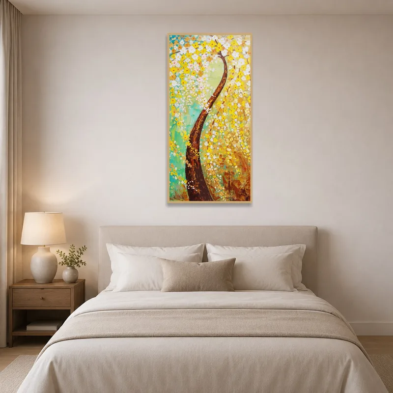 The bedroom wall comes alive with a vibrant abstract tree piece.