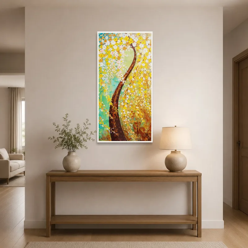 Colorful tree artwork welcomes guests in the entrance hall.