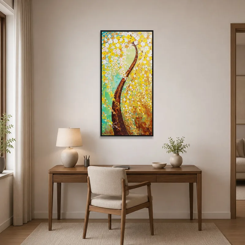 Abstract blossoming tree art energizes the home office decor.