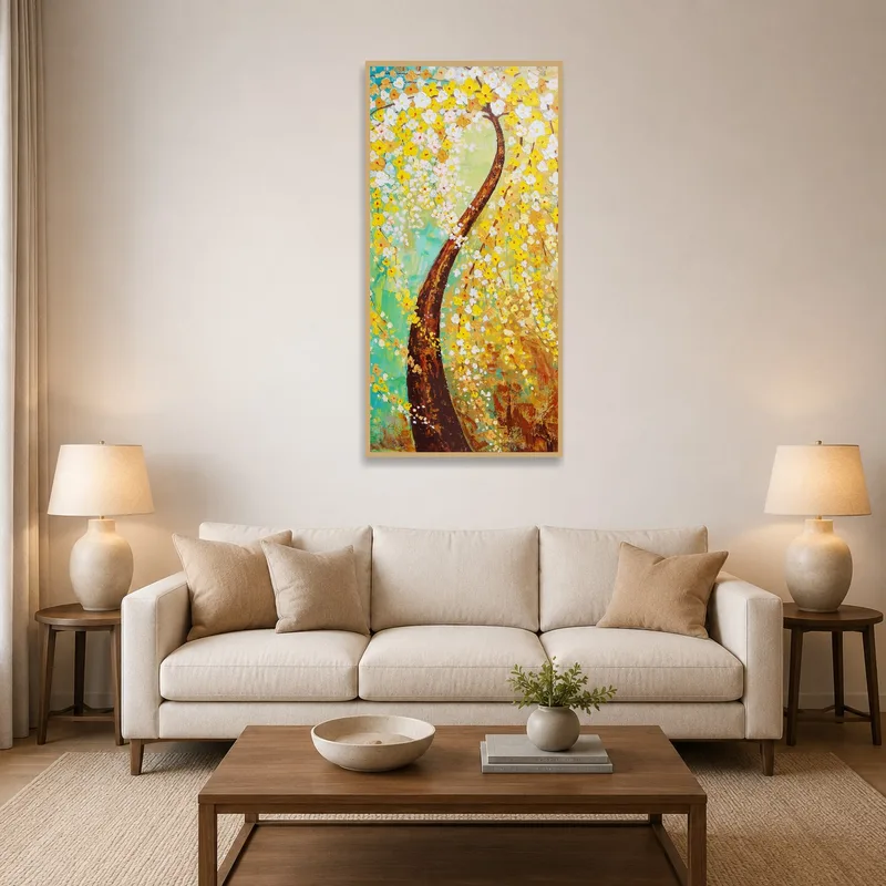 A vibrant blossoming tree art piece brightens the living room wall.