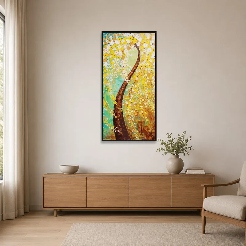Bold abstract tree art accentuates the minimalist room style.
