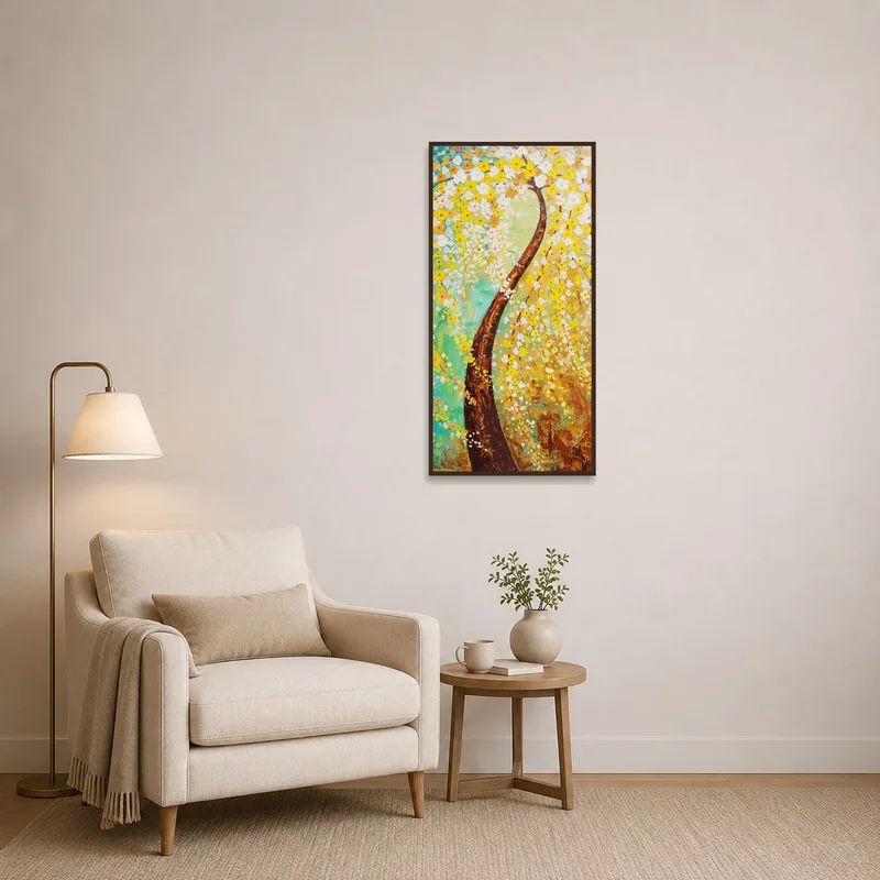 An eye-catching blossoming tree art complements the reading corner.