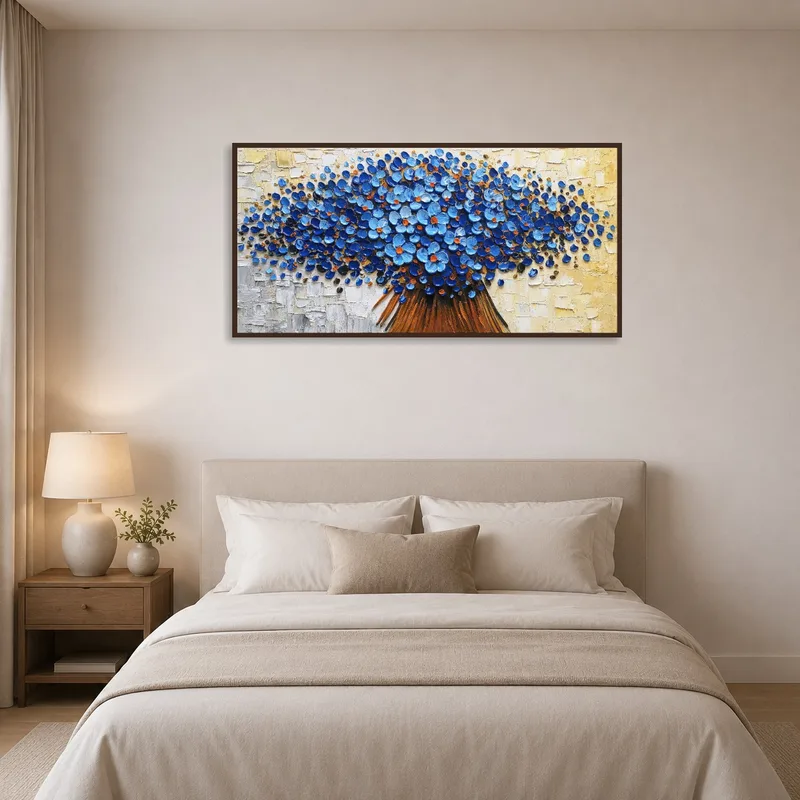 Abstract blue floral art infusing a calming vibe into a bedroom setting.