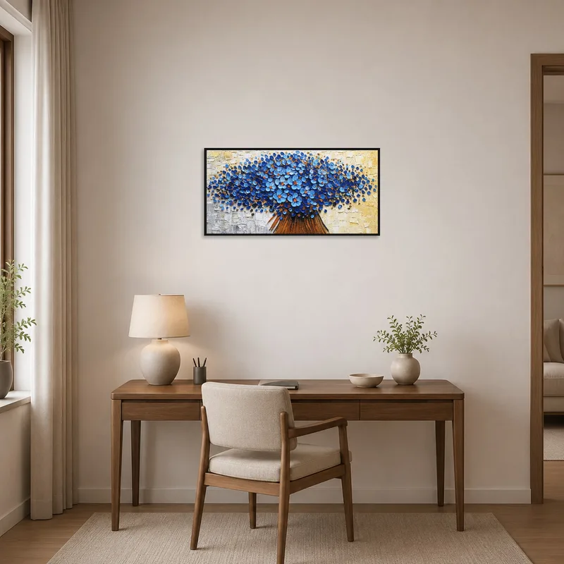 Blue floral abstract piece enhancing the aesthetic of a modern home office.