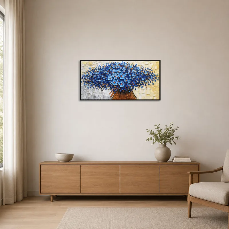 Blue floral abstract art adding contrast to a minimalist room with neutral tones.